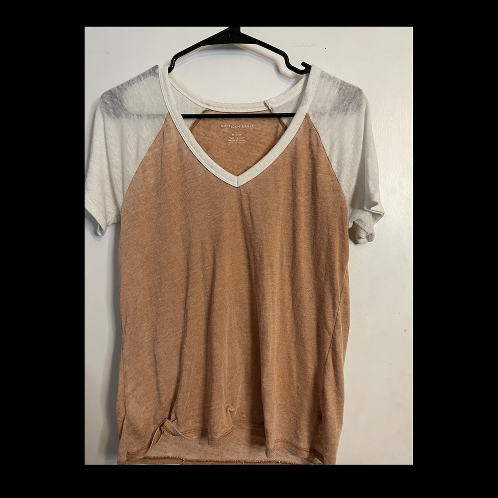 American Eagle Tee, See through, Color in light brown with white sleeves.